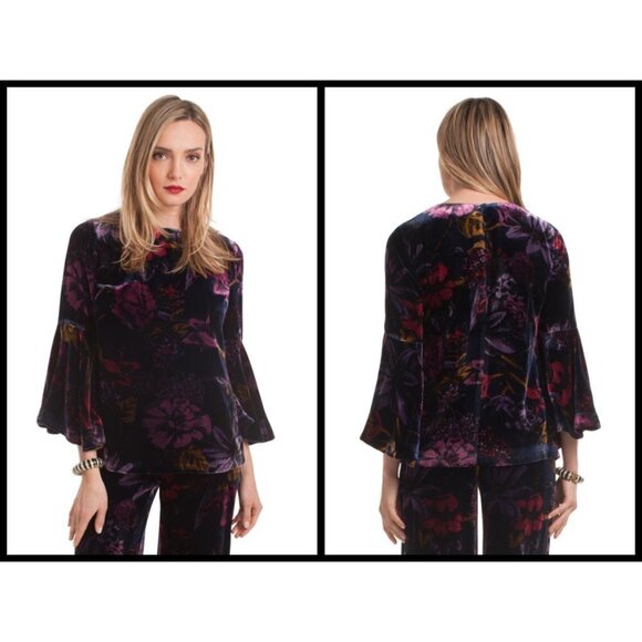 💕TRINA TURK💕 Astral Top ~ Velvet Abstract Floral Long Sleeve Bell Sleeve M NWT